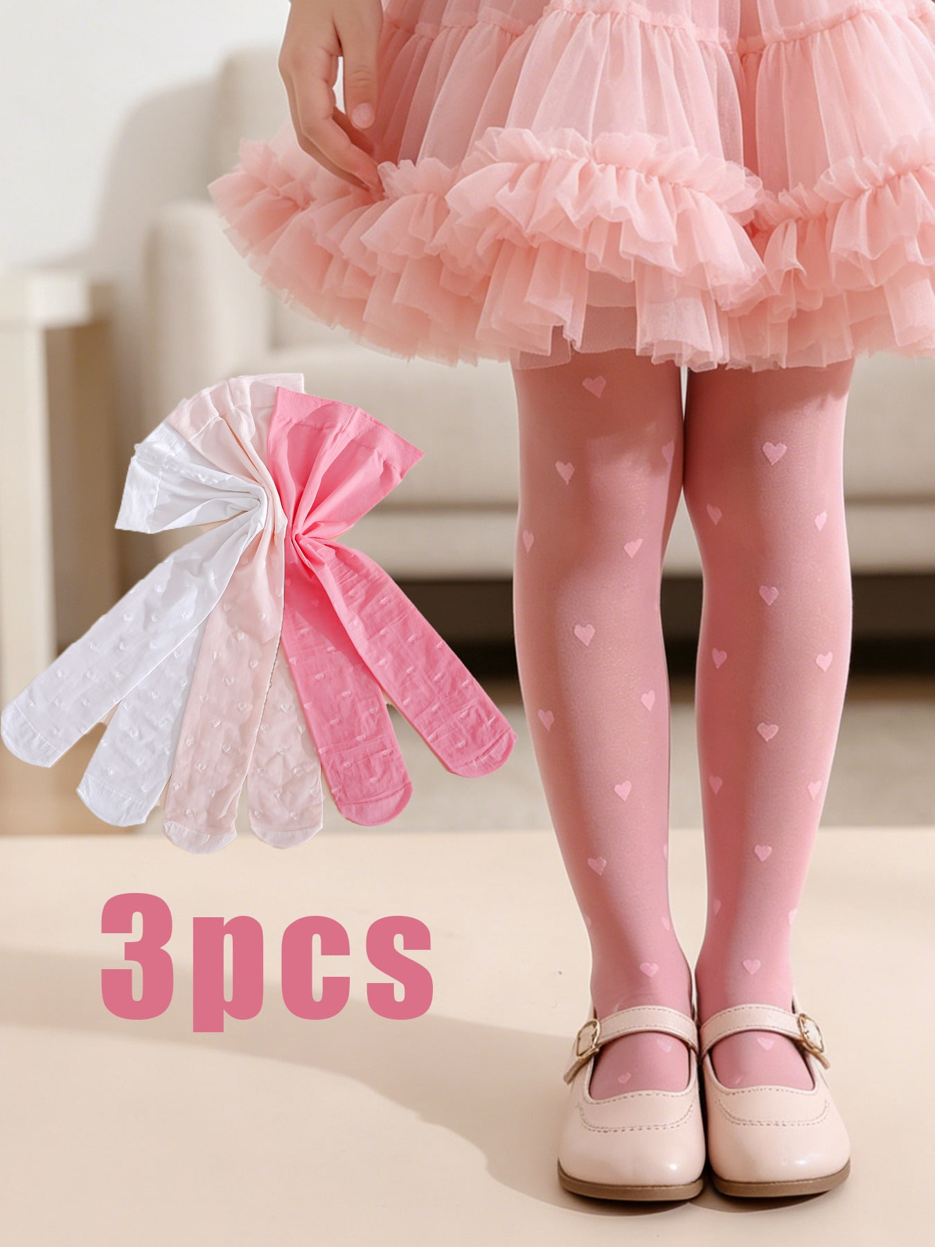 3Pcs Girls Heart Print Tights  - Tights Pantyhose Sheer avis et prix